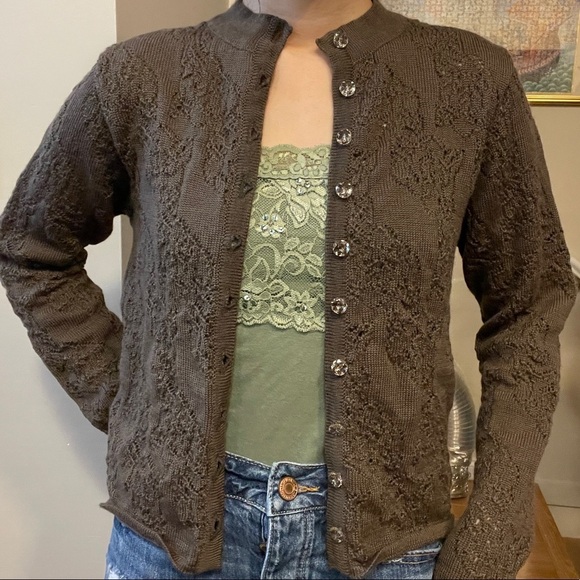 Vintage Brown Wool Lace Floral Cardigan - Picture 6 of 14